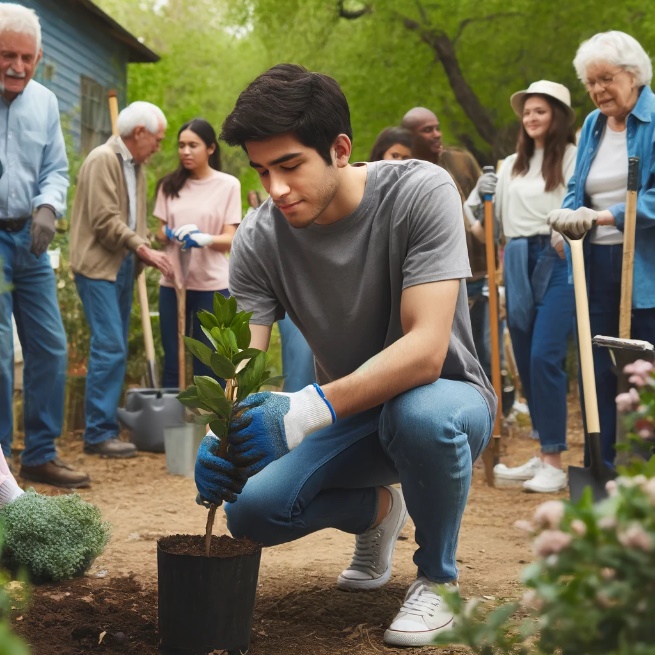 A person planting a tree in a pot

Description automatically generated