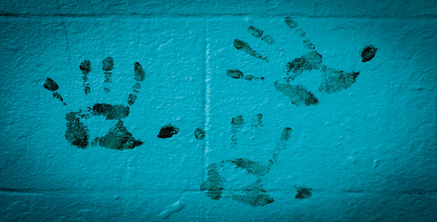 A group of hand prints on a blue wall

Description automatically generated