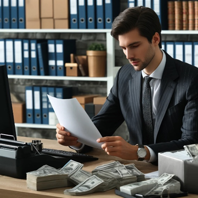 A business man sitting at a desk with cash money